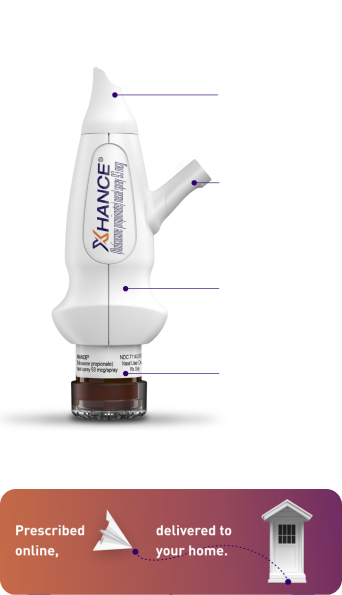 Nasal spray device diagram showing components: nosepiece, flexible mouthpiece, indented grip, and bottle